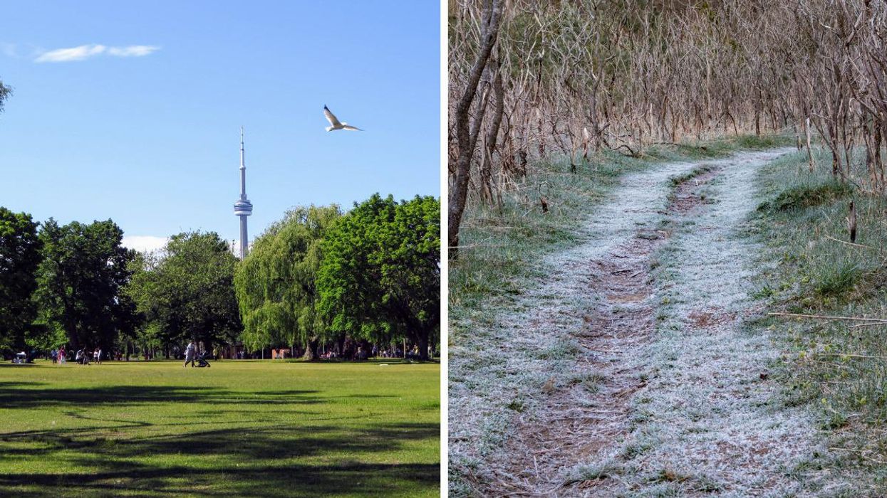 The Toronto Islands on a sunny day. Right: An Ontario hiking trail covered in frost.