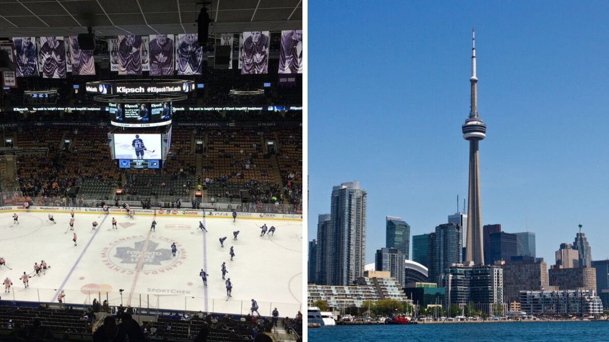 The Toronto Maple Leafs warming up. Right: The CN Tower in Toronto