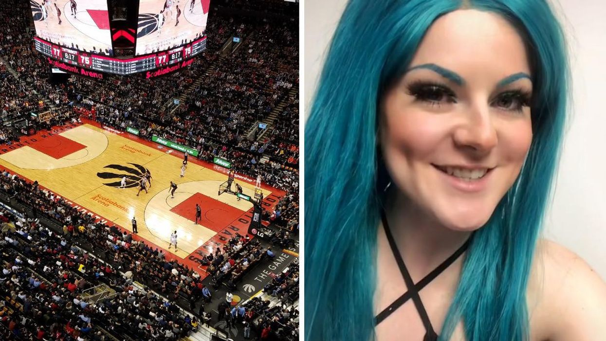 The Toronto Raptors playing at Scotiabank Arena. Right: A stripper with a bright blue wig.