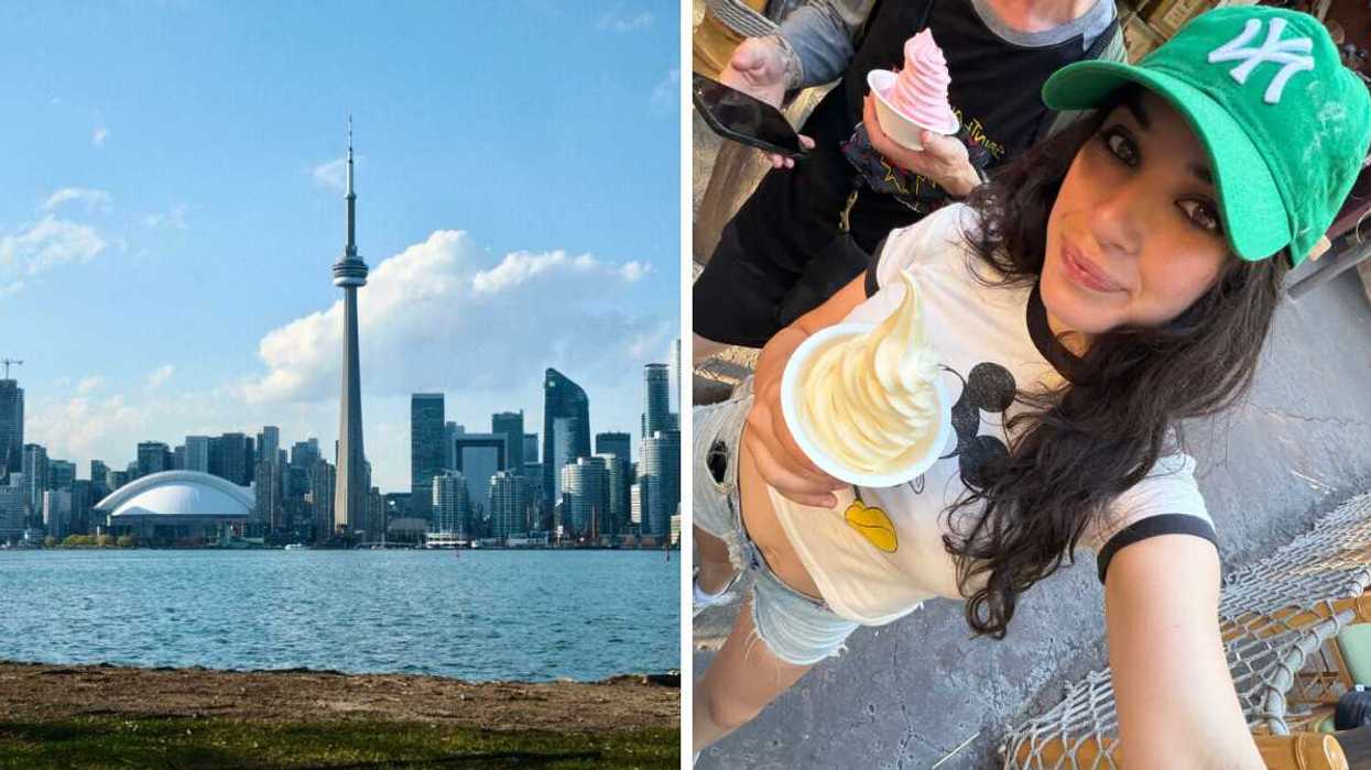 The Toronto skyline and CN Tower across the water in the daylight. Right: Girl in green New York Yankess baseball cap poses with yellow ice cream and selfie.