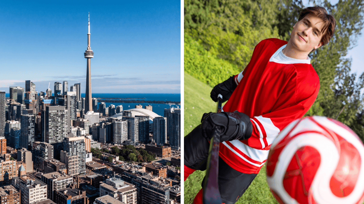 The Toronto skyline and the CN tower on a sunny day. Right: Macklin Celebrini juggles a soccer ball on a hockey stick.