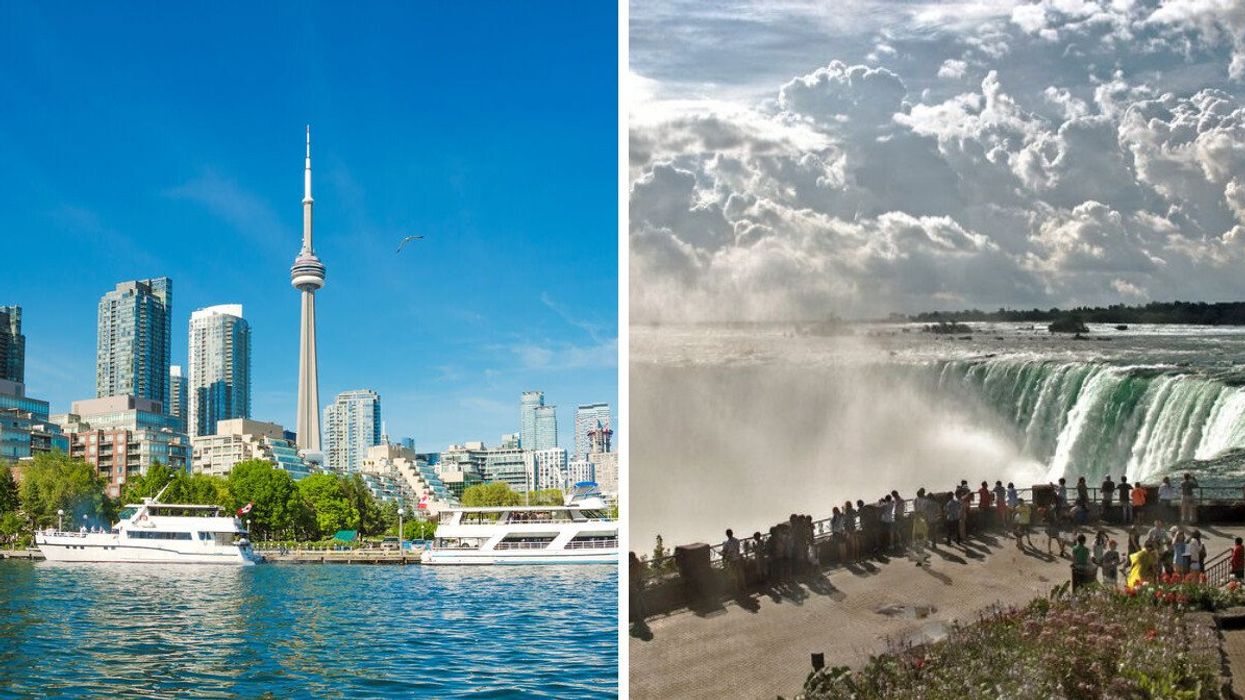 The Toronto skyline over Lake Ontario with boats in the water. Right: Tourists gather to view the Horseshoe Falls from the Table Rock Welcome Centre, part of the Niagara Falls in Ontario, Canada.