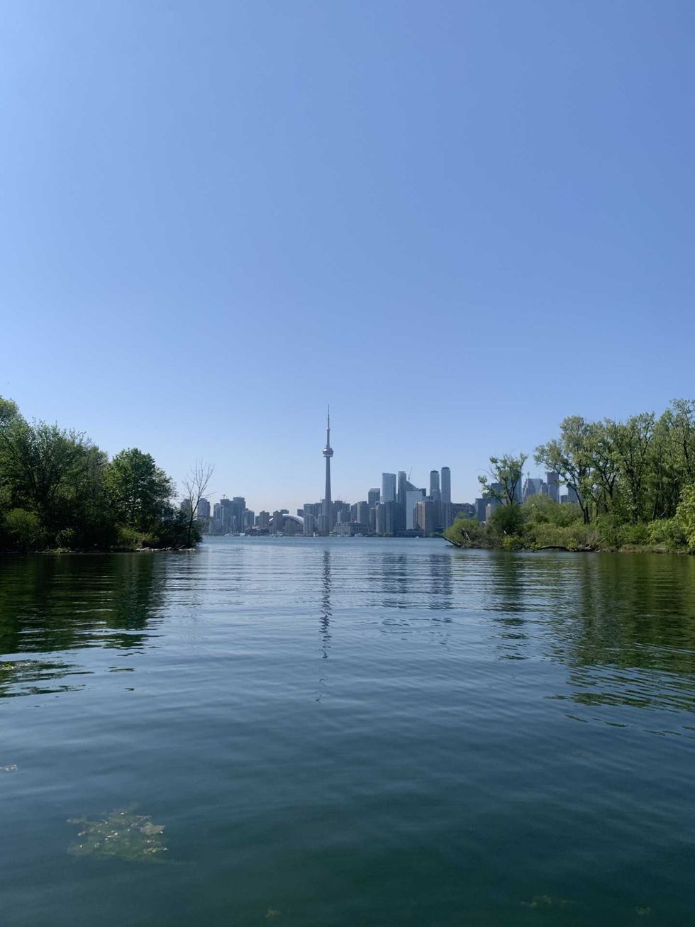 The Toronto skyline pictured across a lake under a blue sky.