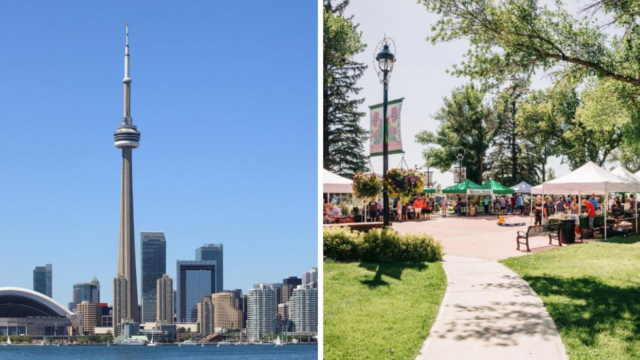 The Toronto skyline. Right: A farmers' market in Brooks, Alberta.