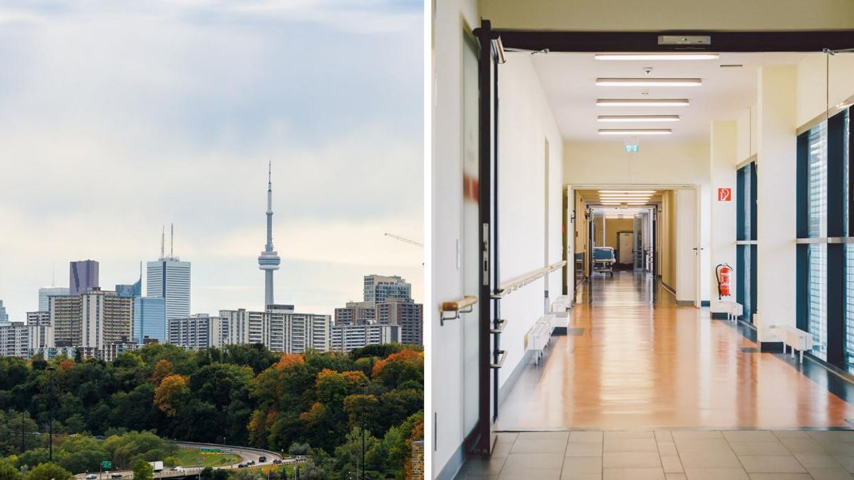 The Toronto skyline. Right: A hospital hallway.