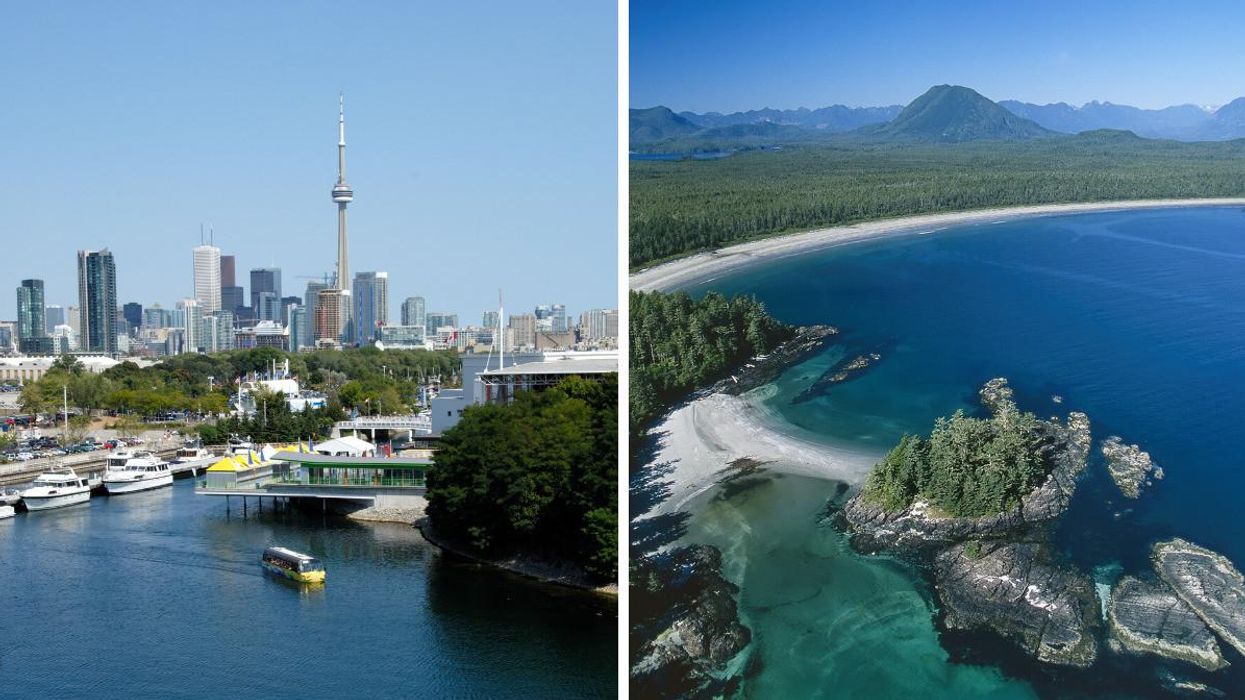The Toronto skyline. Right: An aerial view of the waters of Tofino, B.C.