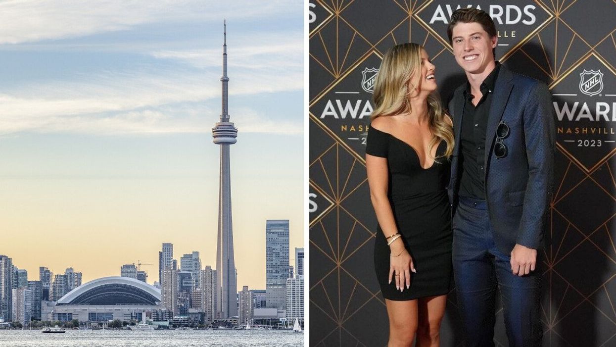 The Toronto skyline. Right: Mitch Marner and his wife Stephanie LaChance.