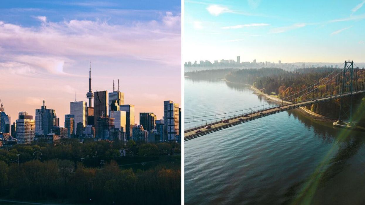 The Toronto skyline. Right: The Lions Gate Bridge in Vancouver.