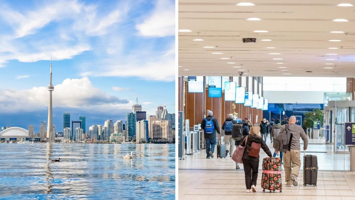 The Toronto skyline. Right: Travellers in Halifax Stanfield Airport.