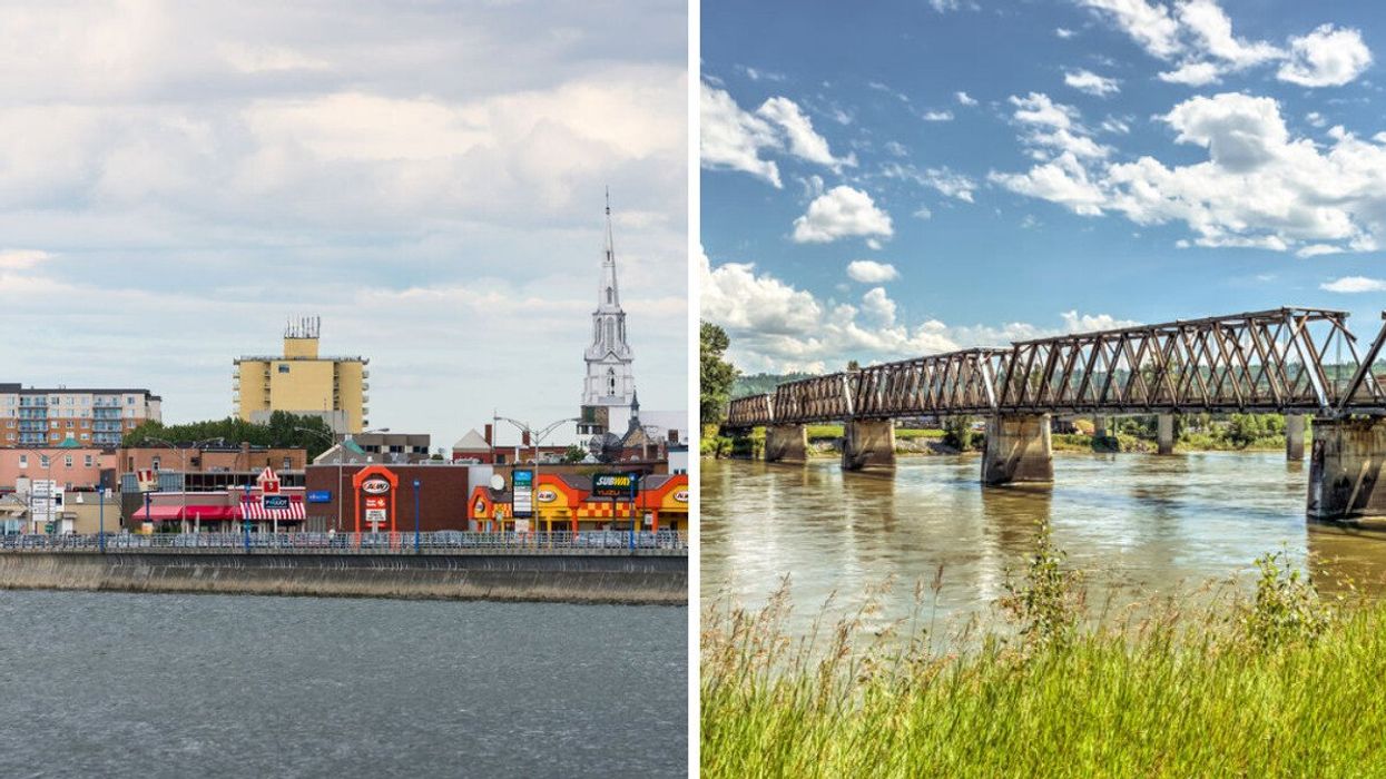 The town of Rimouski, QC. Right: A historic bridge in Quesnel, BC.