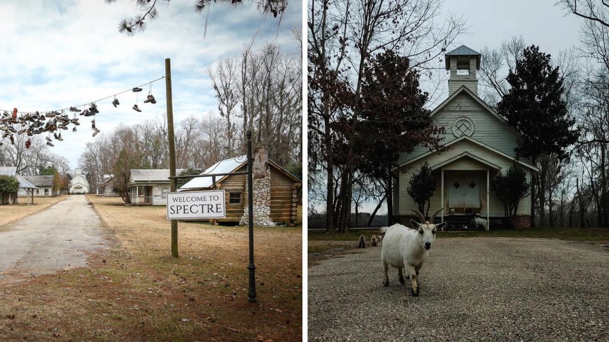 The town of Spectre movie set. Right: A church set in the abandoned town.