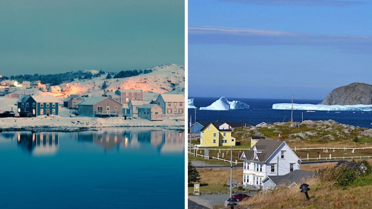 The town of Twillingate in Newfoundland and Labrador. Right: Icebergs in Twillingate.