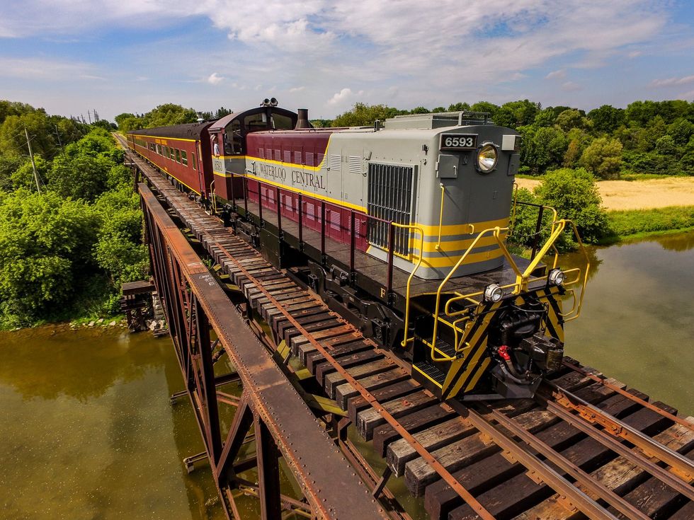 The train travelling over a bridge.