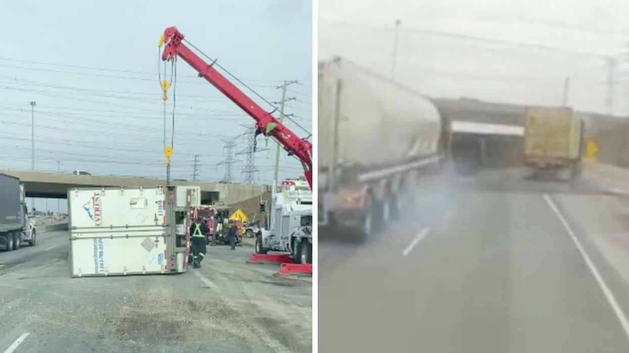 The transport truck rolled over on Highway 401 on Monday
