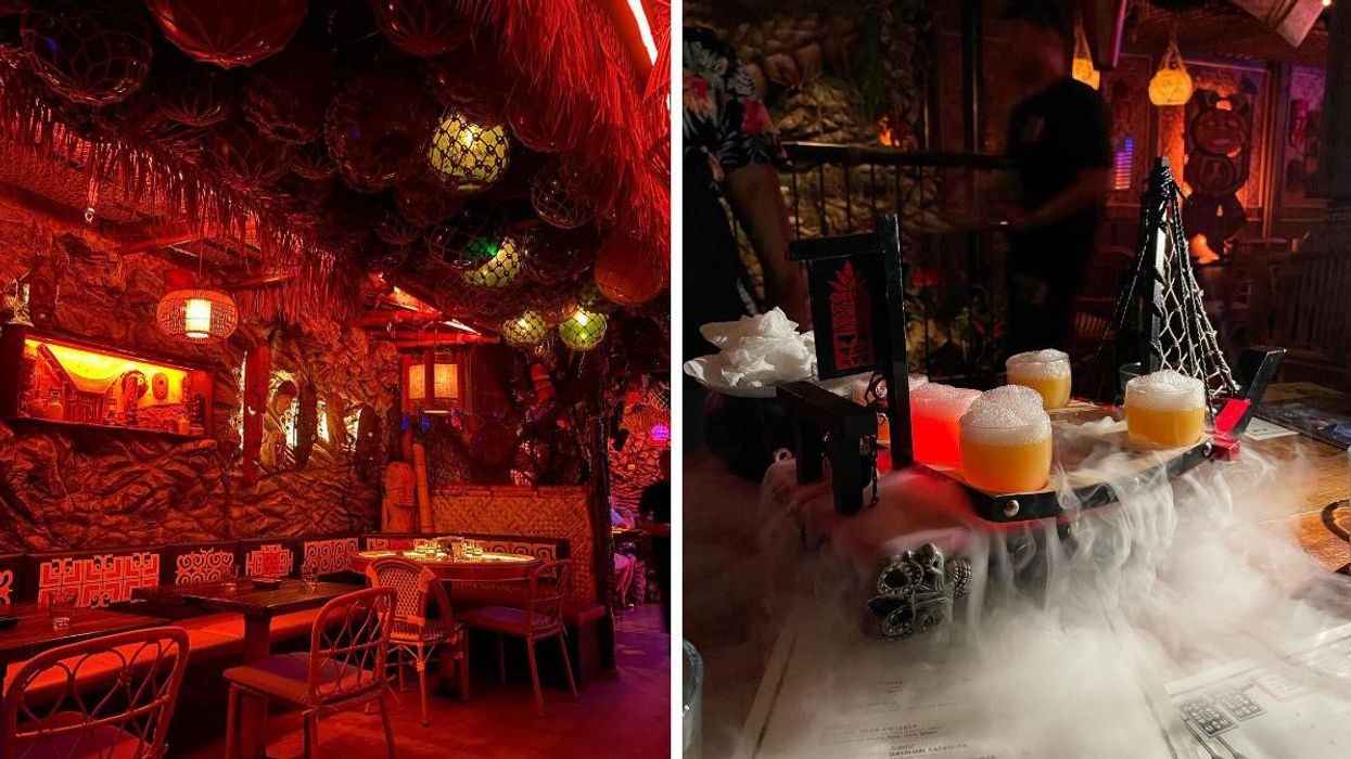 The tropical decor at Tiki Tatsu-Ya. Right: A drink served with smoke.