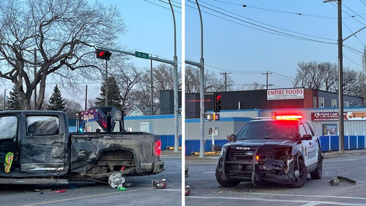 The truck involved in the chase. Right: A damaged police car.