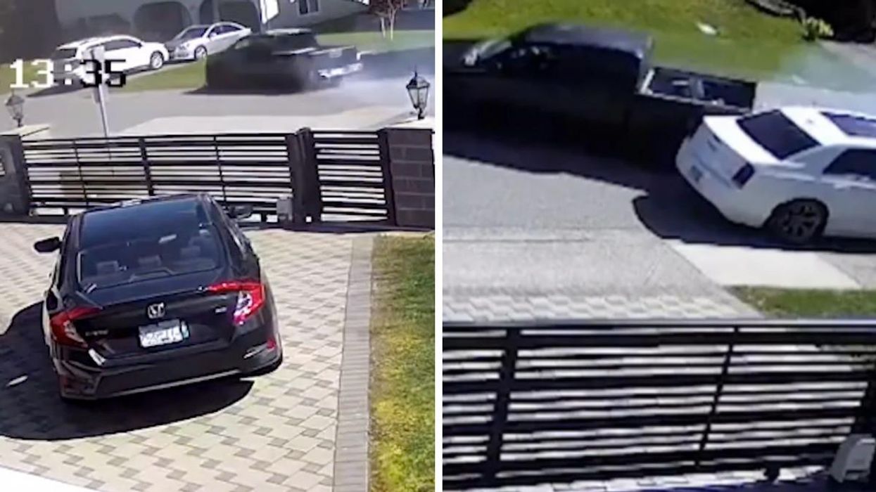 The truck seen hurtling towards two parked vehicles. Right: The pickup truck seen hitting a parked car.