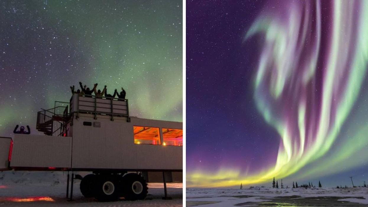 The Tundra Buggy. Right: Northern lights.