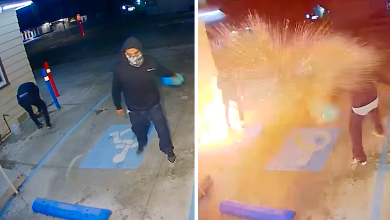 The two unidentified arsonists in the ring video. Right: The fire starting.