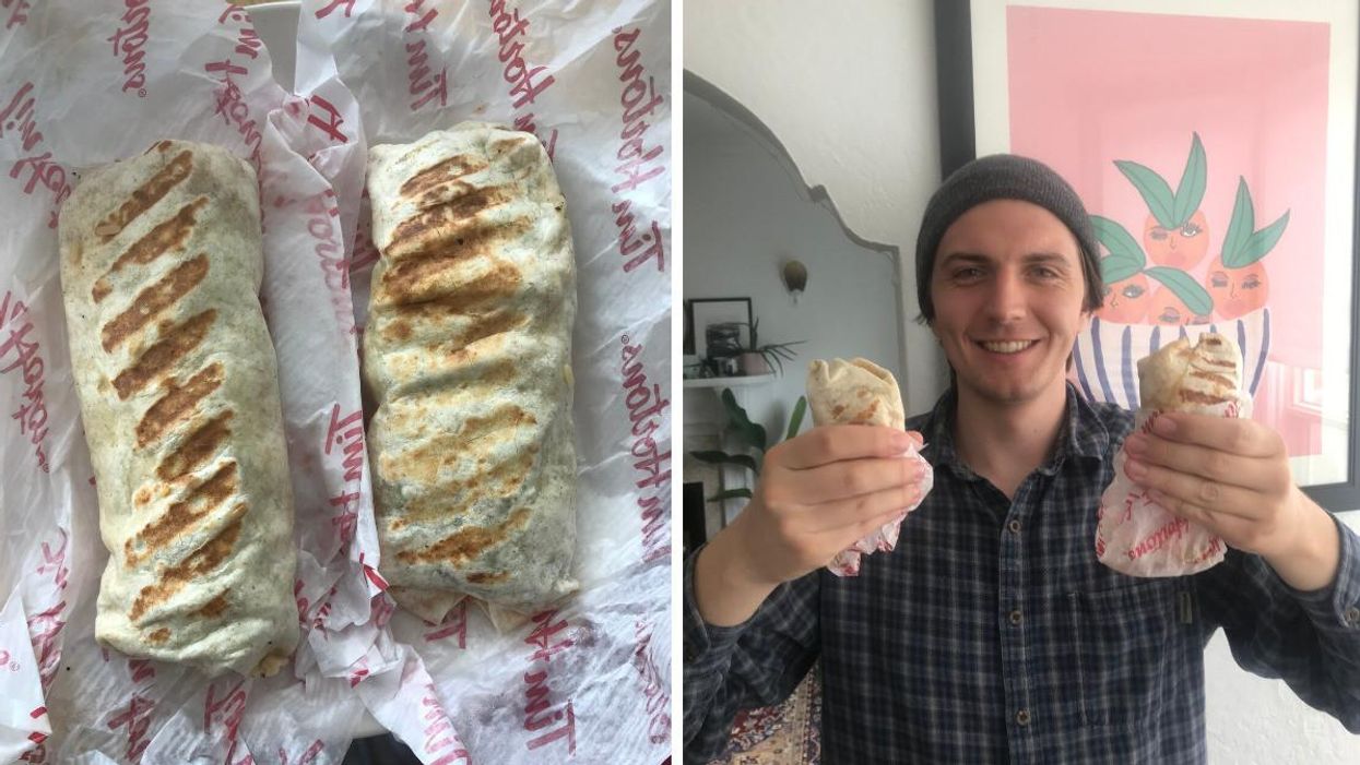 The two wraps laid out on a plate. Right: Tristan holding both wraps.
