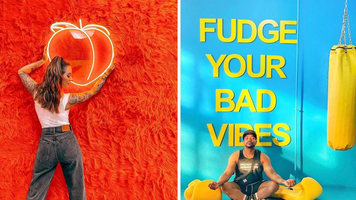 'The Ultimatum's Lauren Pounds poses in front of a red wall at the Original Selfie Museum in Austin. Right: A man sit cross-legged at the museum, in front of a wall.