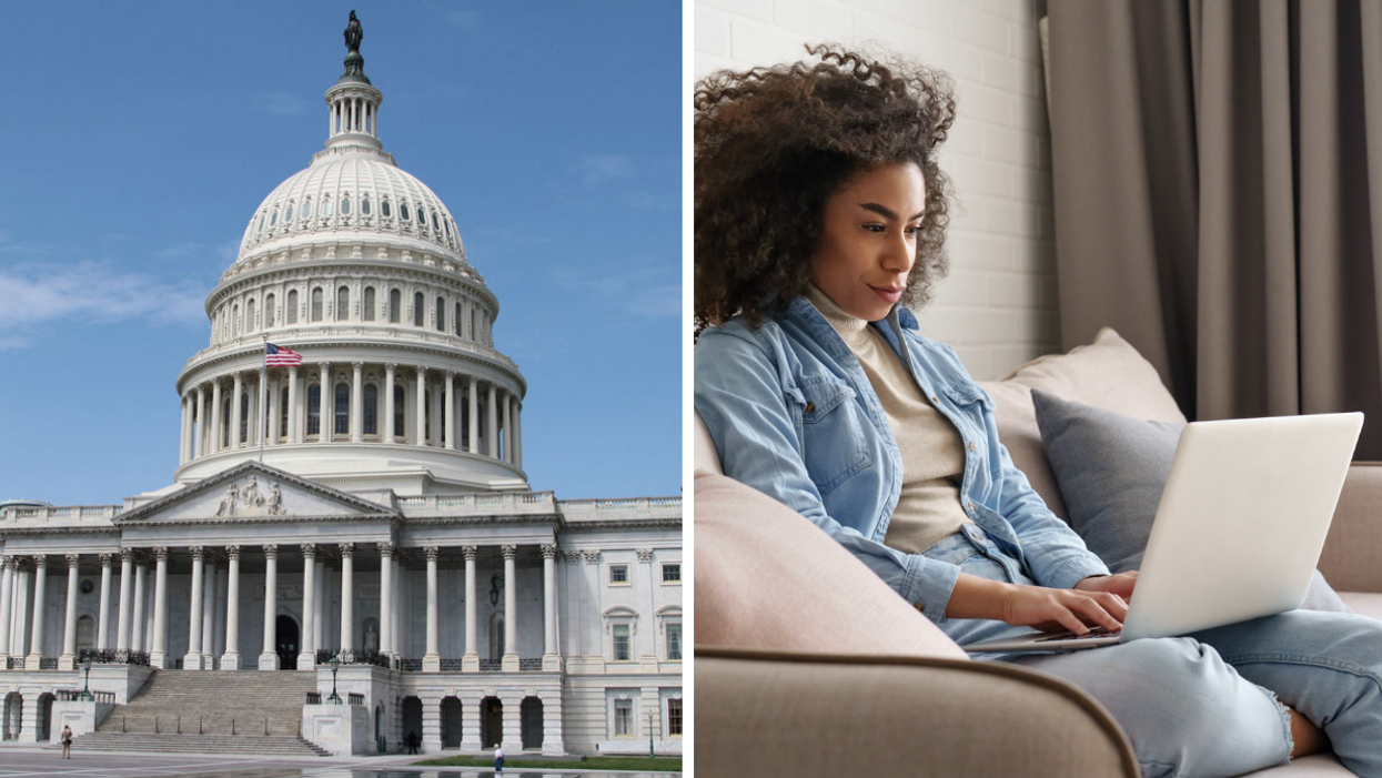 The United States Capitol Building. Right: A woman working on a laptop.