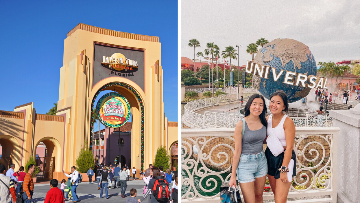 The Universal Studios Orlando entrance. Right: Two women at Universal Studios.
