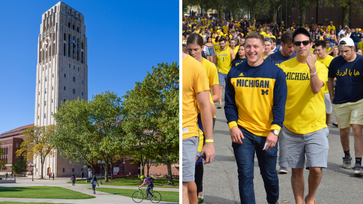 The University of Michigan campus. Right: University of Michigan fans.