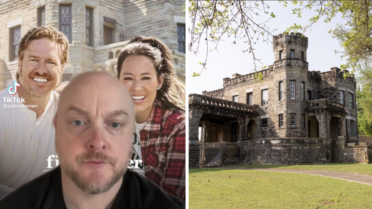The user in a viral TikTok in front of the ad for Fixer Upper: The Castle with Chip and Joanna Gaines. Right: The Cottonland Castle in Waco, TX.