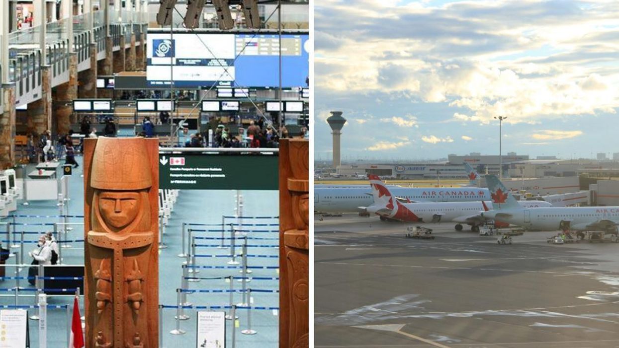The Vancouver Airport. Right: A line of Air Canada airplanes.