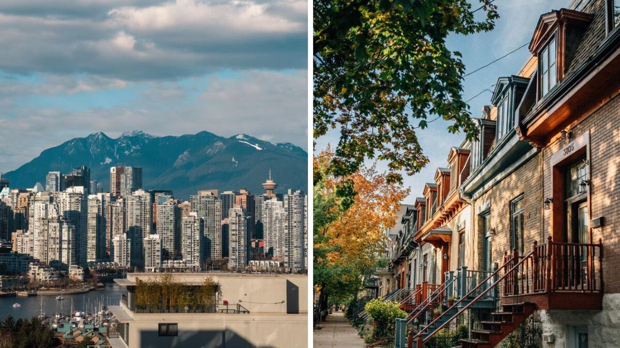 The Vancouver skyline. Right: Houses in Montreal.