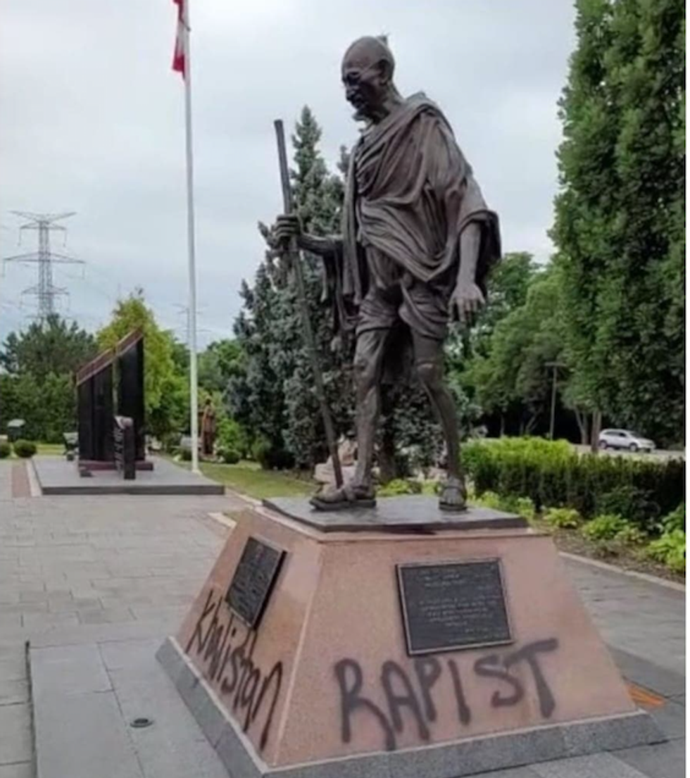 The vandalism on the Mahatma Gandhi statue.