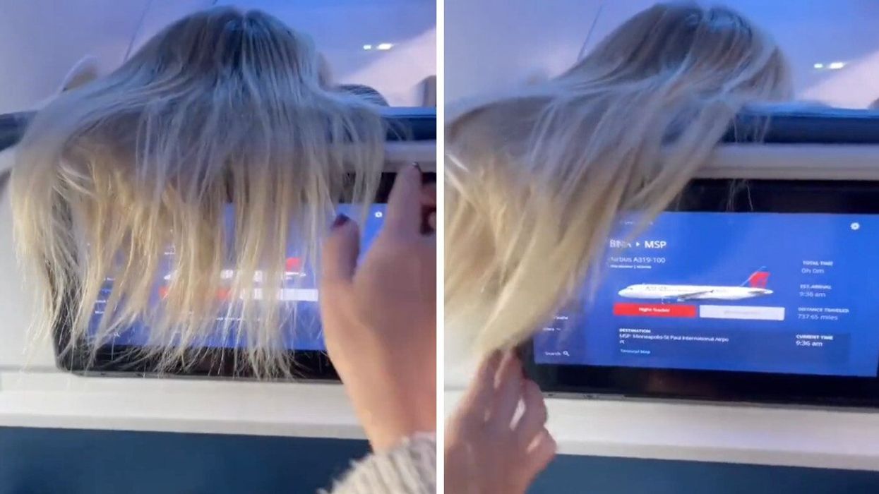 The video showing a flight passenger with their hair over the seat.
