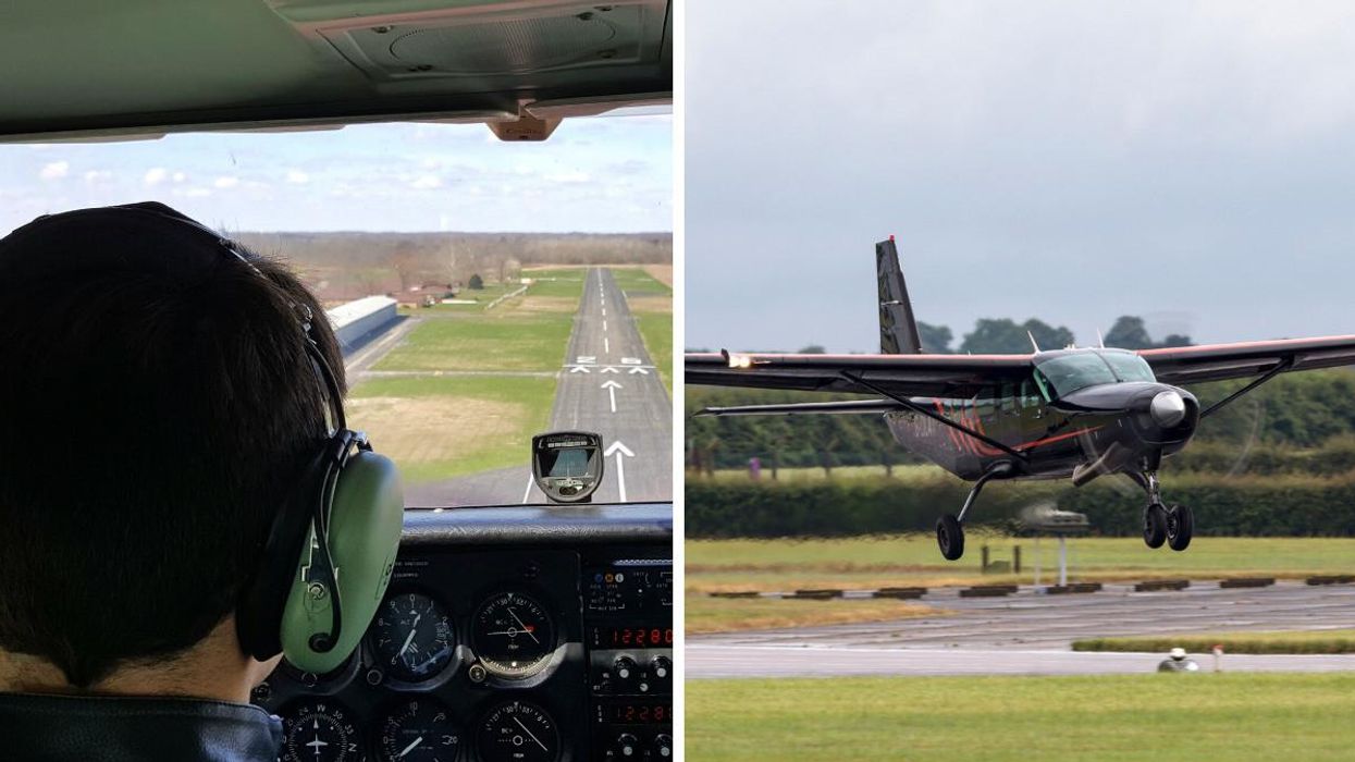 The view from a Cessna plane cockpit. Right: A Cessna 208 plane landing on a runway.