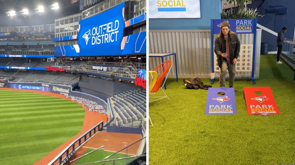 The view from the Outfield District, Right: Park Social at the Rogers Centre