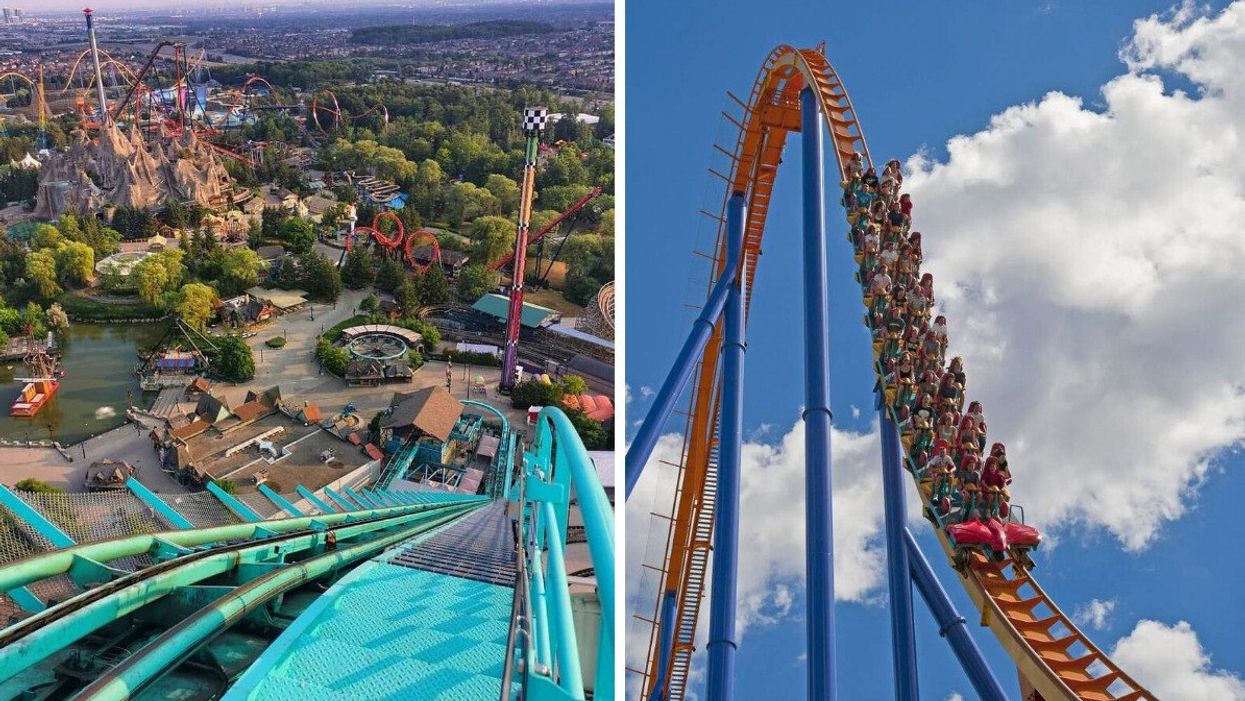 The view from the top of Leviathan at Canada's Wonderland. Right: The Behemoth roller coaster.