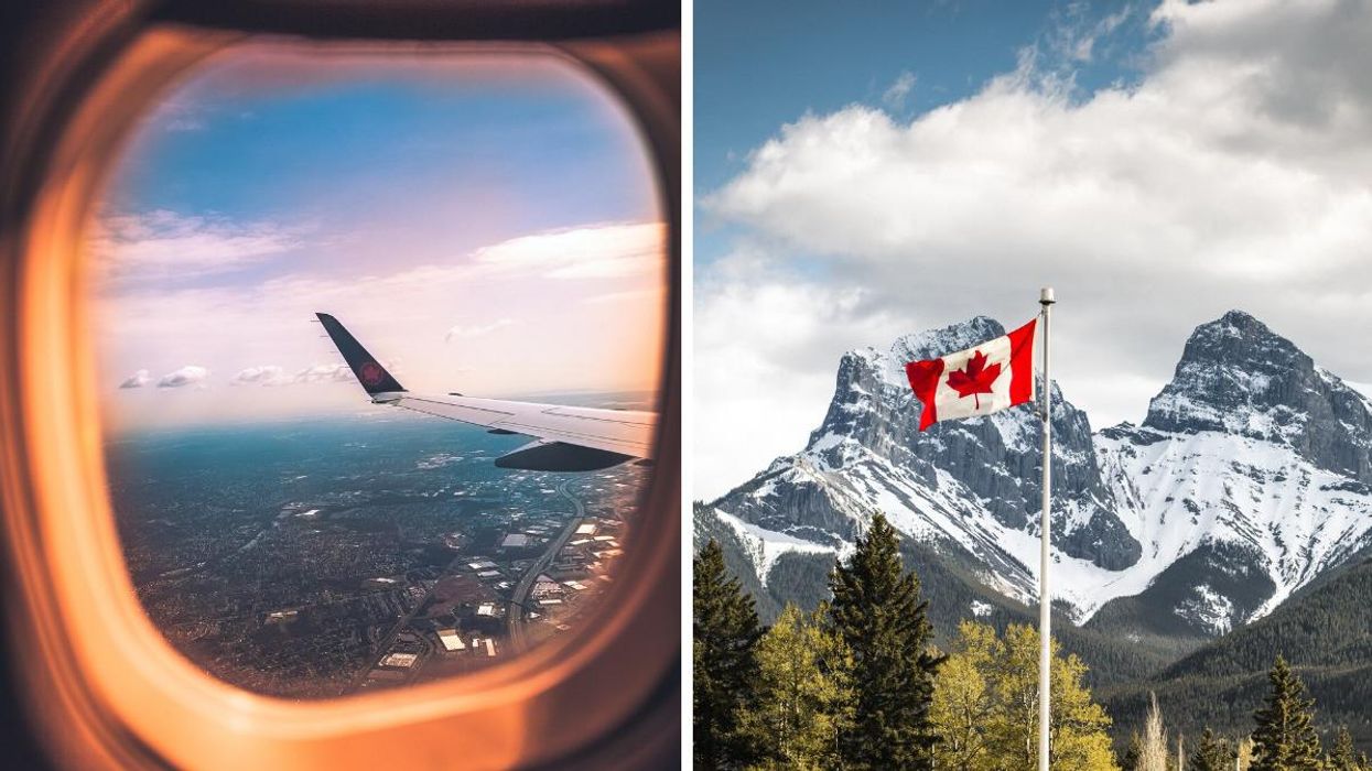 The view from the window of an Air Canada plane. Right: The Canadian flag flies in front of mountains in Alberta.