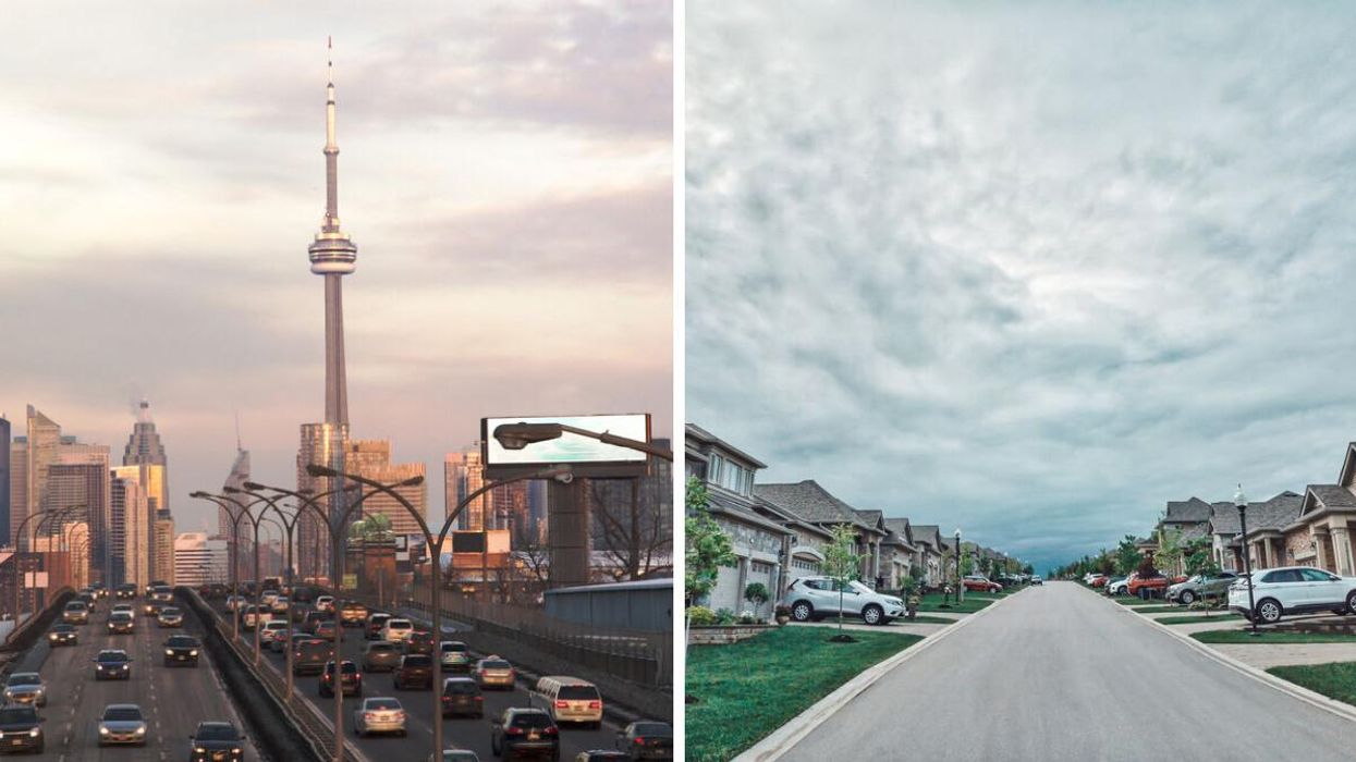 The view of downtown Toronto from a busy highway. Right: A quiet residential street in Ontario.