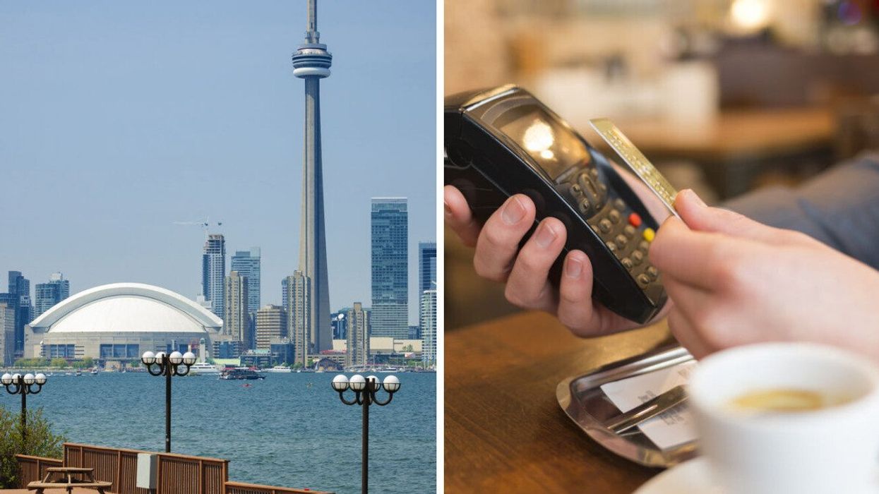 The view of downtown Toronto from a patio on Toronto Island. Right: Someone paying their restaurant bill.