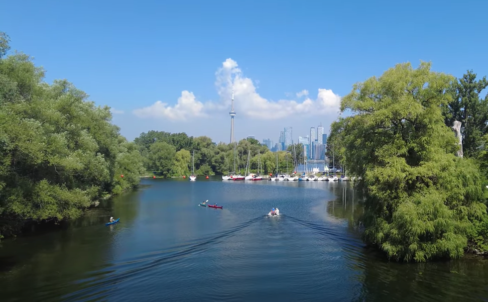 The view of the marina and Toronto's skyline from the Centreville Sky Ride.