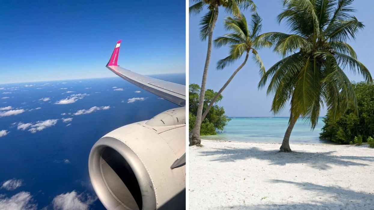 The view out the window of a Swoop Airlines flight. Right: A beach in Punta Cana, Dominican Republic.