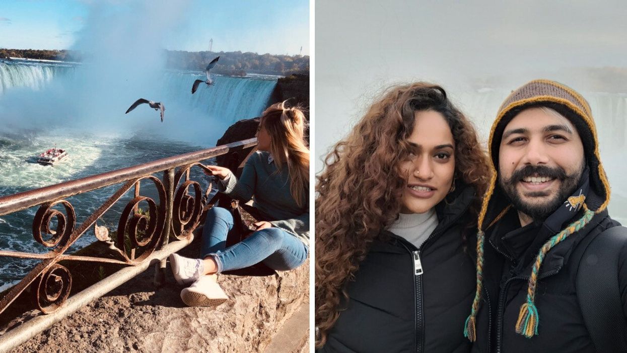 The views at Niagara Falls. Right: A couple doing romantic activities at Niagara Falls.
