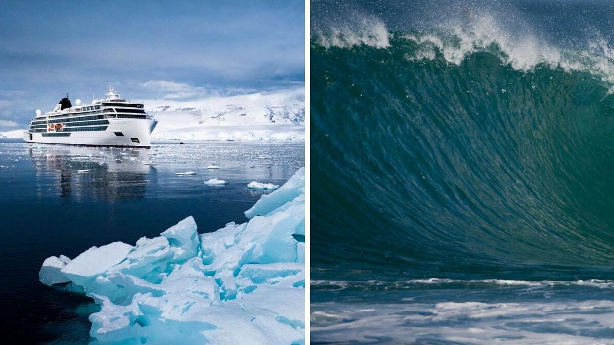 The Viking Polaris cruise ship in Antarctica. Right: A large wave.