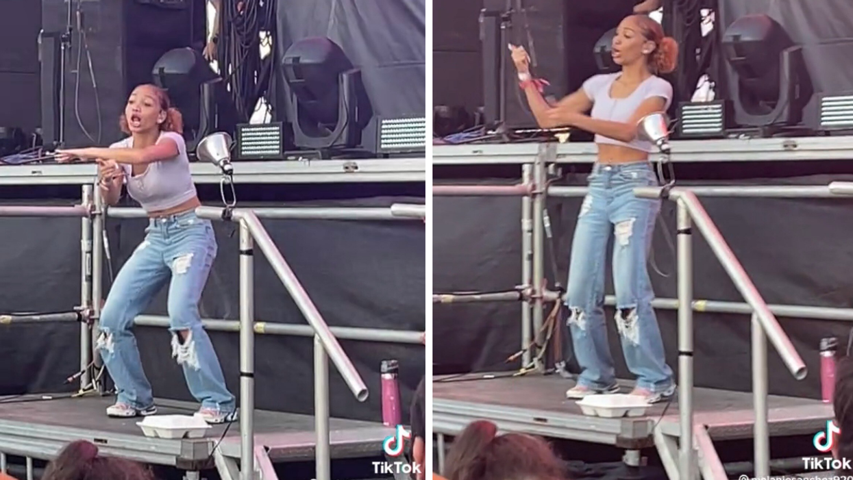 The viral ASL interpreter in the TikTok video at Austin City Limits Music Festival. Right: The viral ASL interpreter during Lil Nas X's set at Austin City Limits Music Festival.