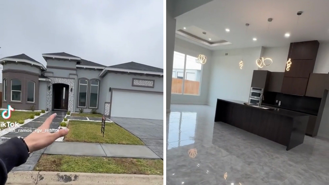 The viral house in Alamo, TX. Right: The kitchen area of the Texas home.