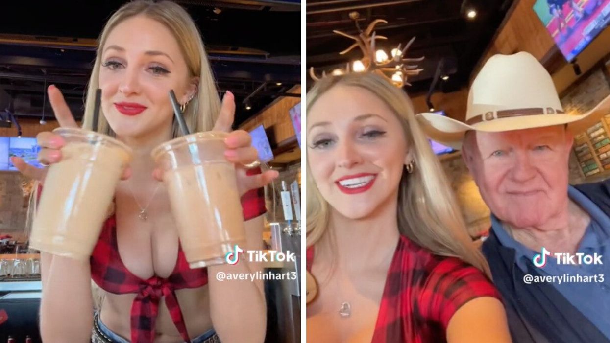 The waitress with two coffee's. Right: The waitress with a customer.