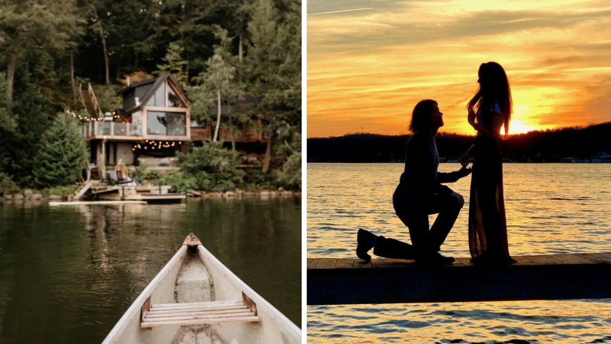 The Water's Edge Airbnb. Right: A person proposes. 