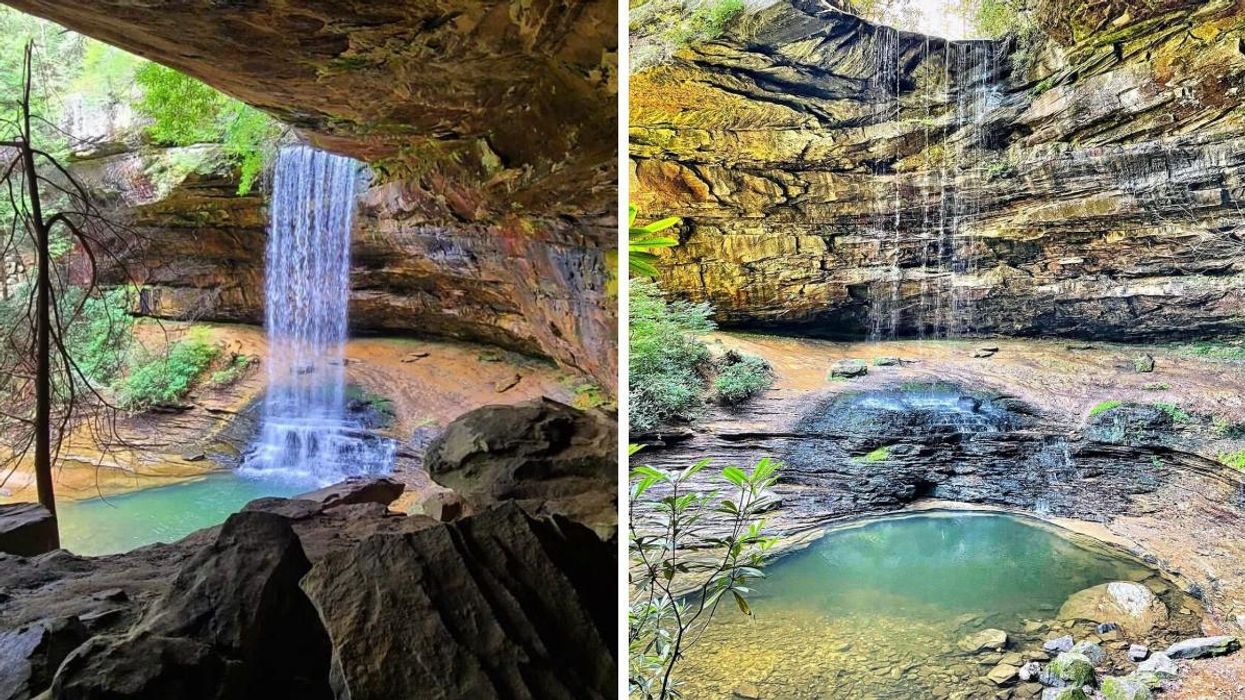 The waterfall from inside the cave. Right: A close up of the waterfall and turquoise pool.