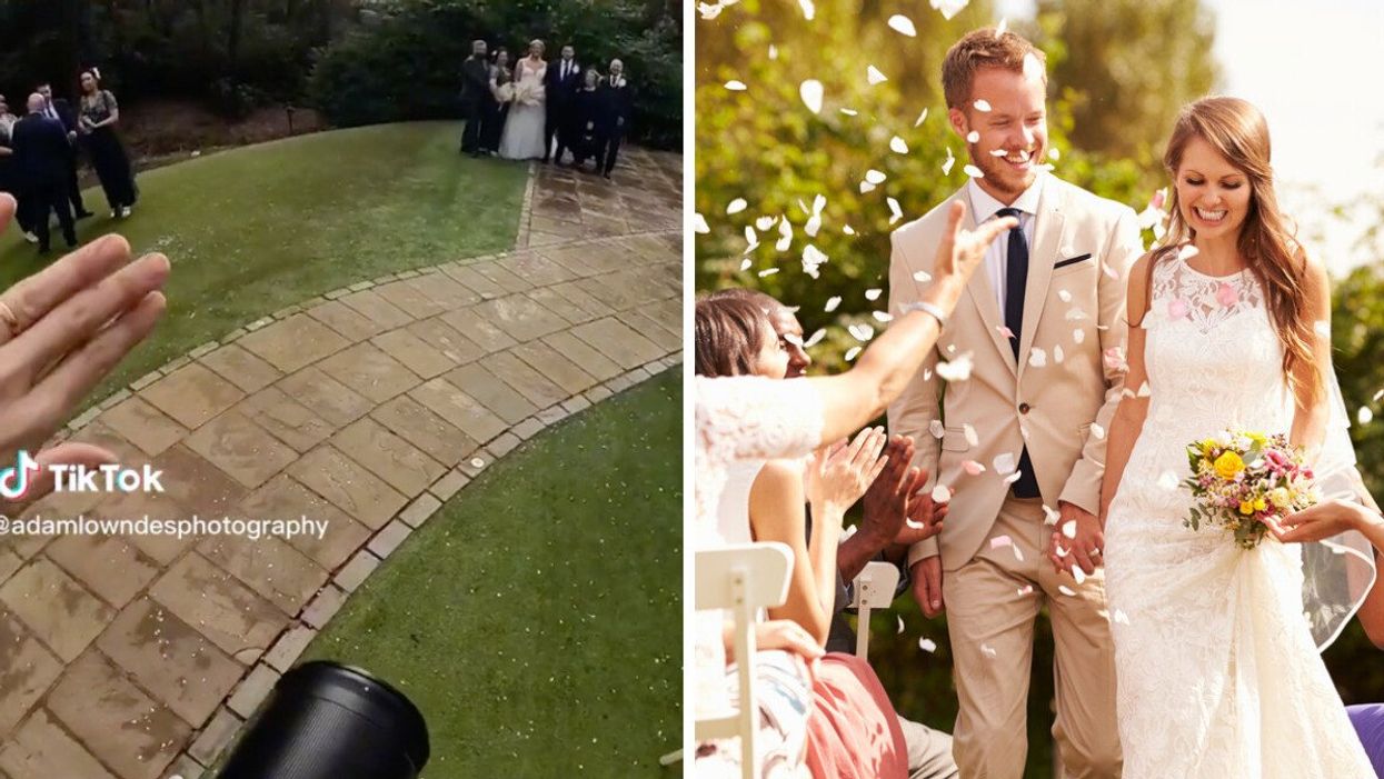The wedding photographer getting the 'safety shot.' Right: A bride and groom on their wedding day.