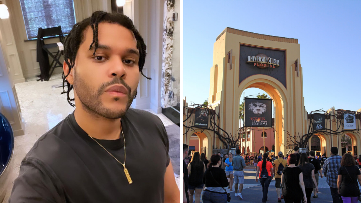 The Weeknd in a black T-shirt. Right: A previous year at Halloween Horror Nights in Orlando.